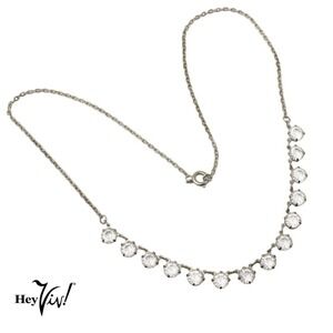 Vintage Fine Silver Metal Chain Necklace w Prong Set Rhinestones 18" - Hey Viv